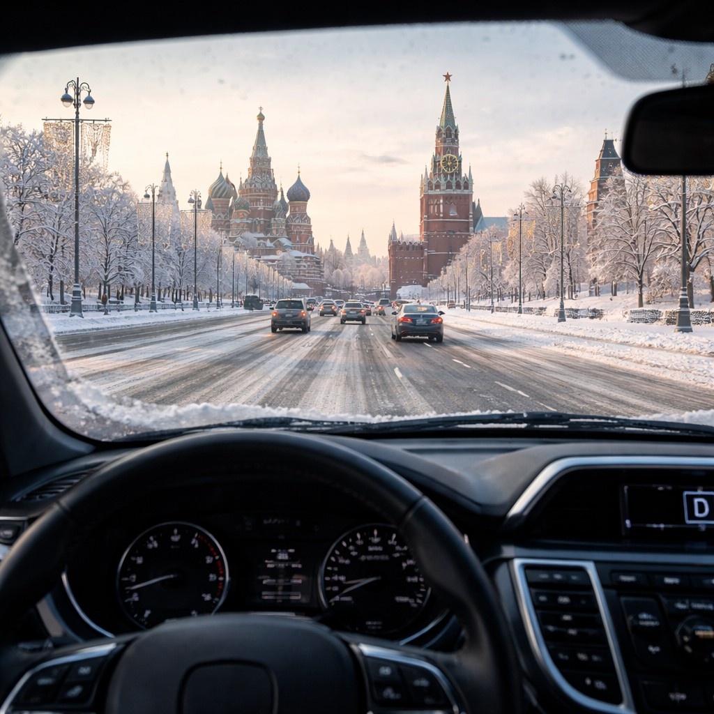 Профессиональное фото зимней Москвы, вид из лобового стекла автомобиля на заснеженную дорогу и дворн