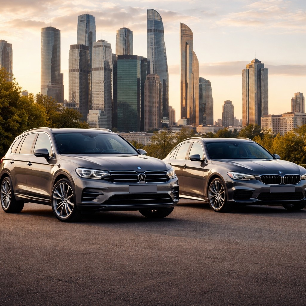 Профессиональное фото автомобиля Volkswagen Tiguan с коробкой DSG и BMW 5 серии с автоматом ZF, стоя